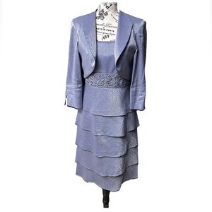 R & M Richards Dusty Blue Mettalic Beaded  Tiered Ruffled 2 Pc Dress Size 6